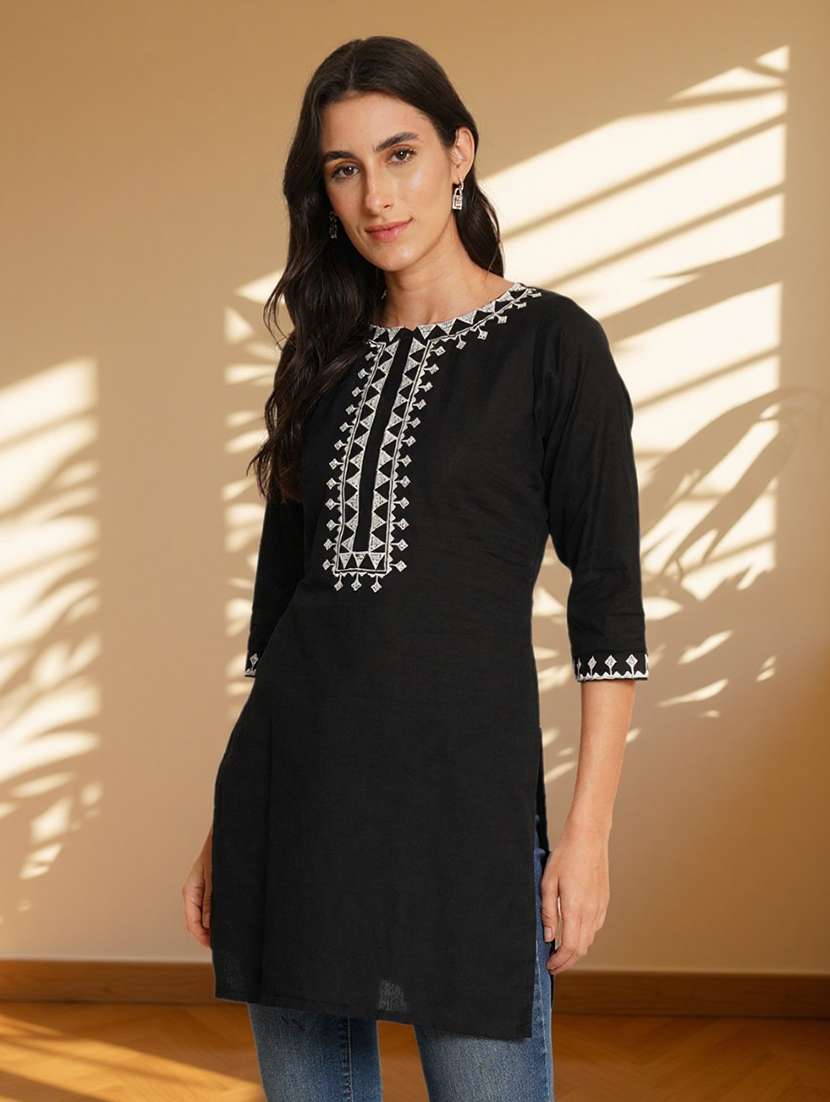 women solid with work three quarter sleeve straight kurti