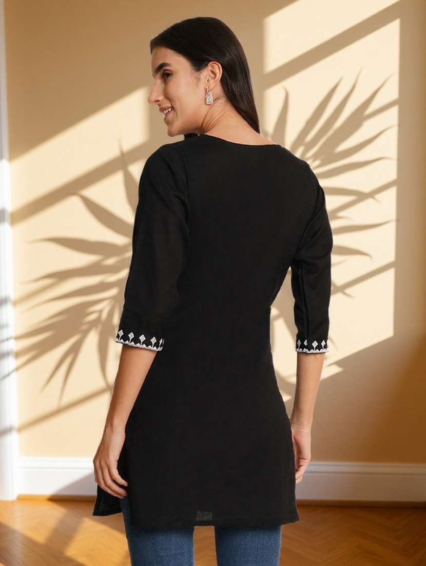 women solid with work three quarter sleeve straight kurti - 22182754 -  Standard Image - 2