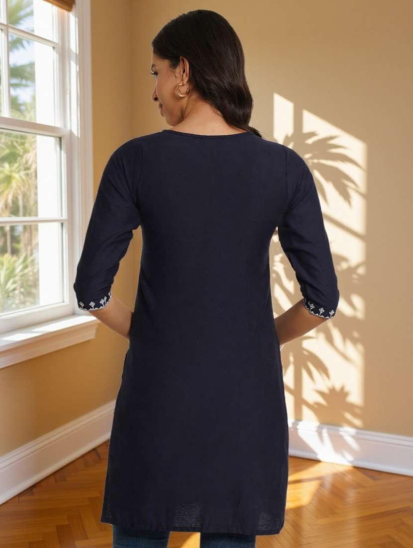 women solid with work three quarter sleeve straight kurti - 22182755 -  Standard Image - 2