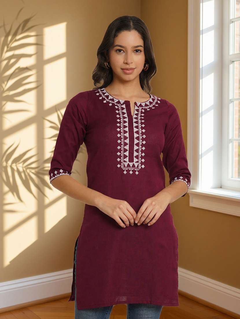 women solid with work three quarter sleeve straight kurti