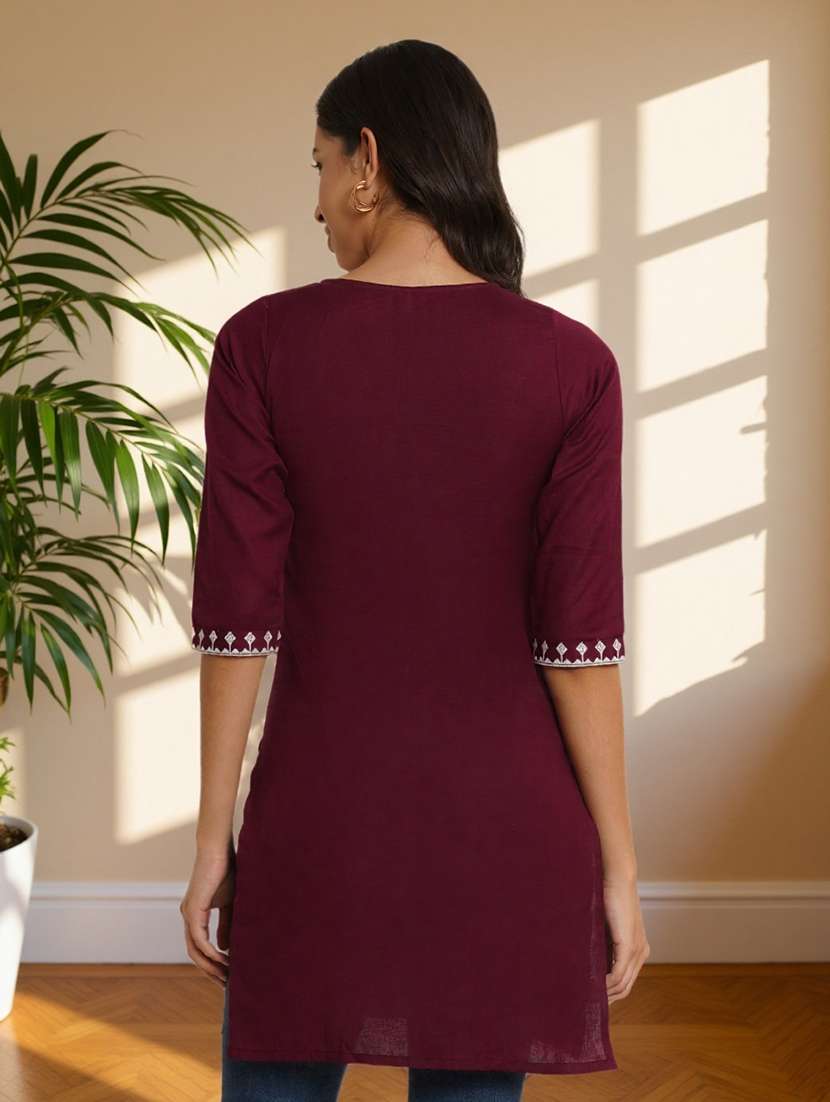 women solid with work three quarter sleeve straight kurti - 22182756 -  Standard Image - 2