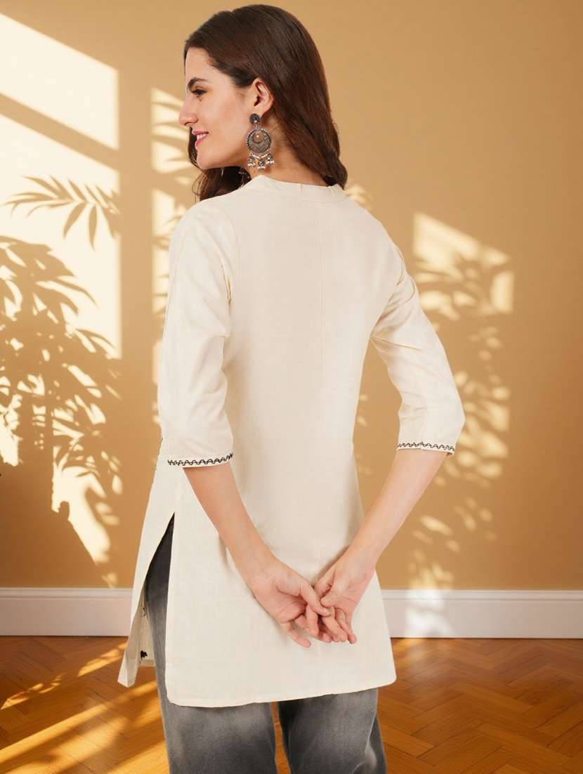 women solid with work three quarter sleeve straight kurti - 22182757 -  Standard Image - 2