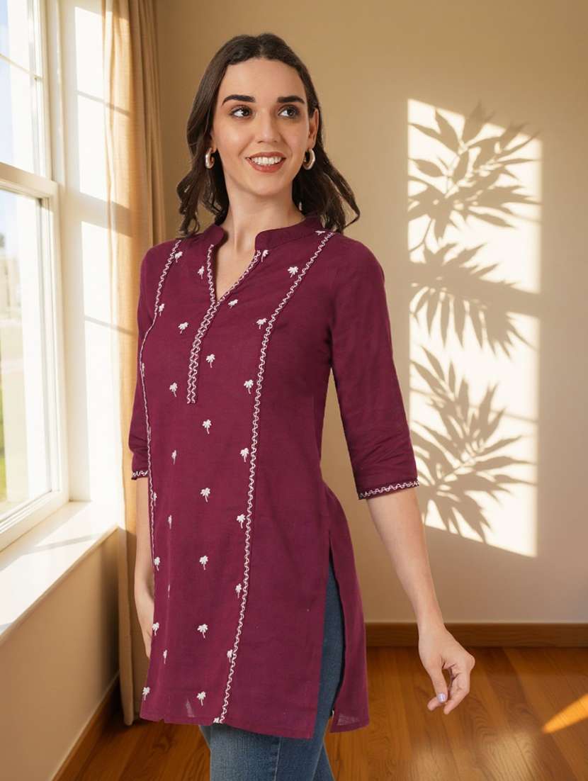 women solid with work three quarter sleeve straight kurti - 22182760 -  Standard Image - 2