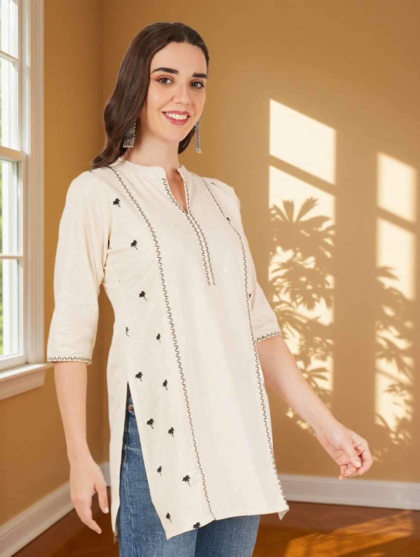 women solid with work three quarter sleeve straight kurti - 22182761 -  Standard Image - 2