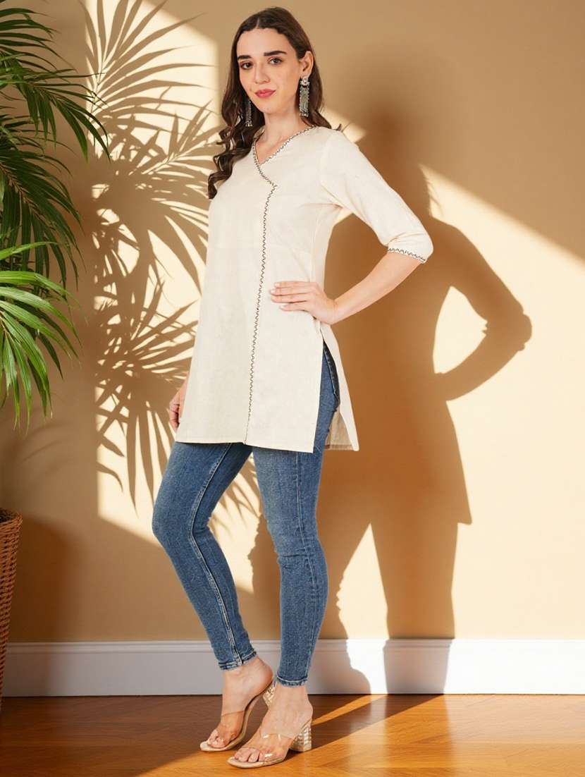 women solid three quarter sleeve angrakha kurti - 22182762 -  Standard Image - 7