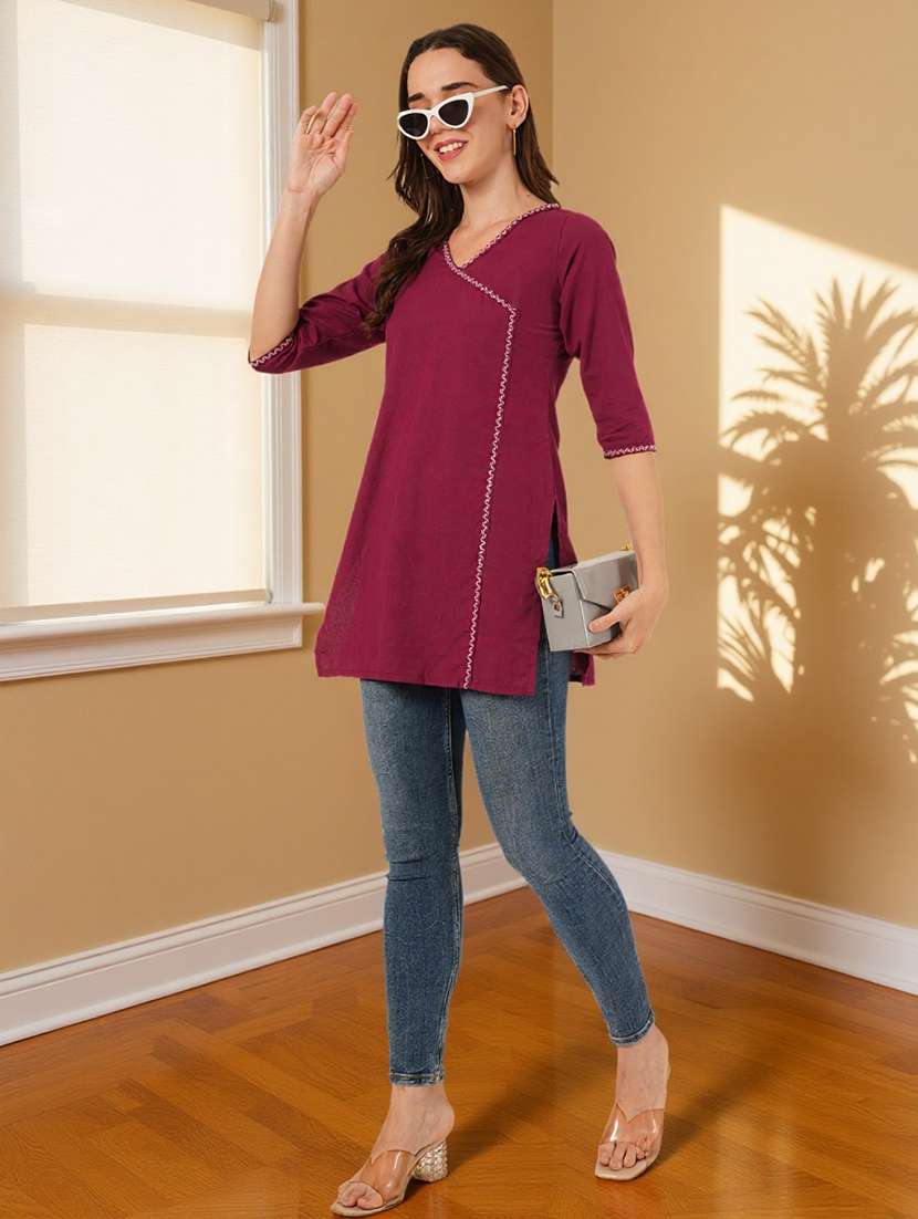 women solid three quarter sleeve angrakha kurti - 22182764 -  Standard Image - 7