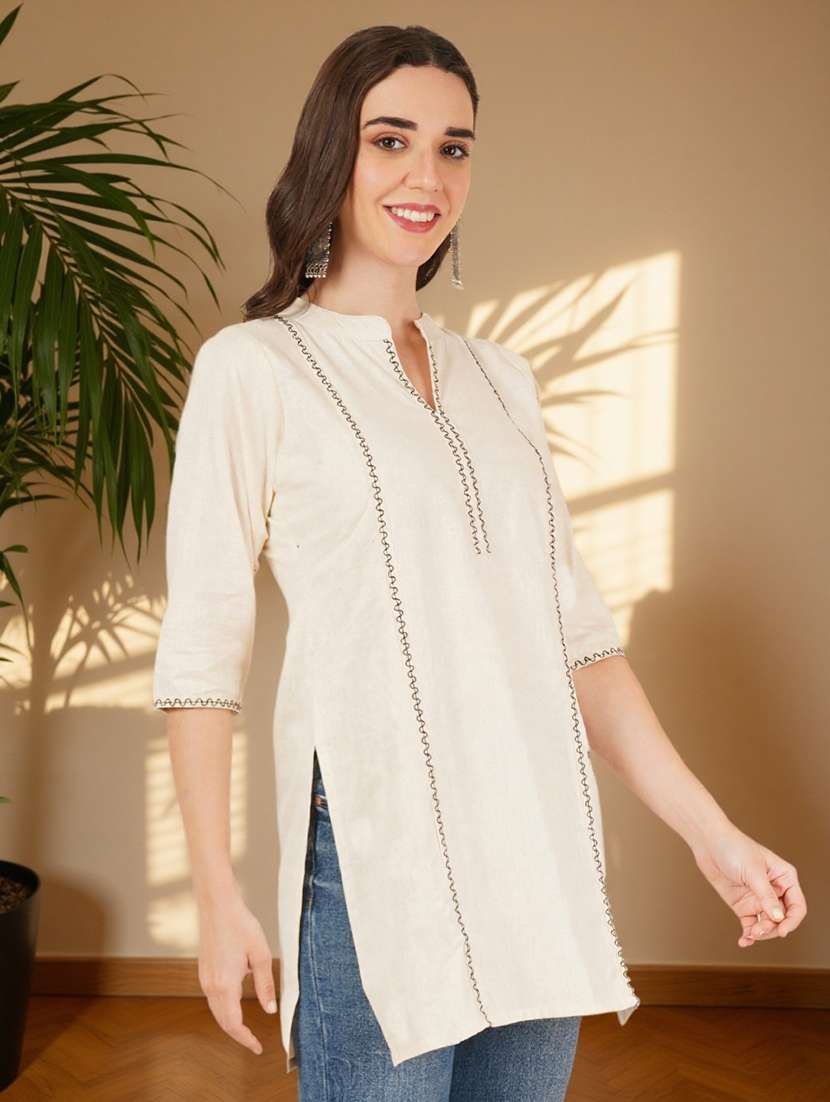 women solid with work three quarter sleeve straight kurti - 22182765 -  Standard Image - 2