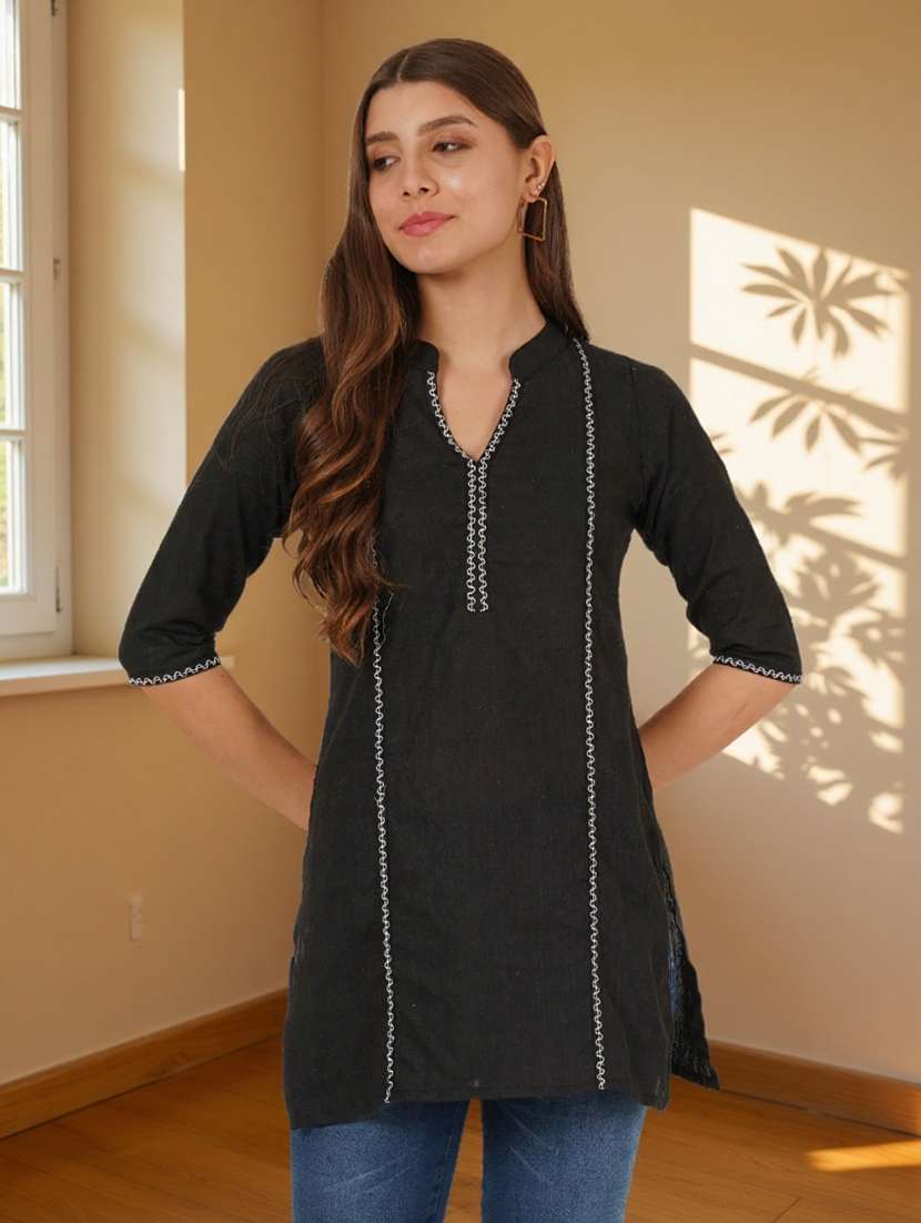 women solid with work three quarter sleeve straight kurti - 22182766 -  Standard Image - 2