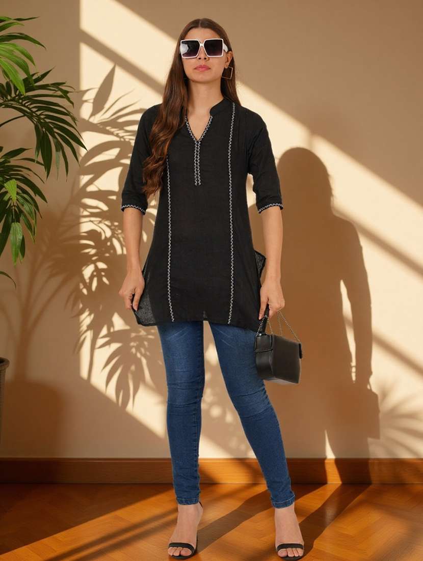 women solid with work three quarter sleeve straight kurti - 22182766 -  Standard Image - 7