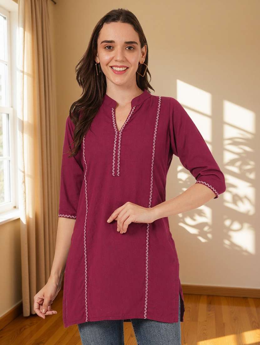 women solid with work three quarter sleeve straight kurti