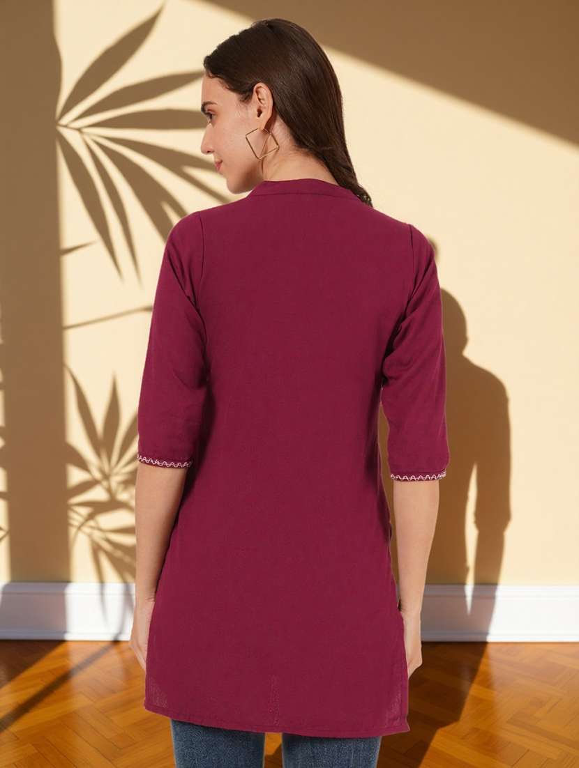 women solid with work three quarter sleeve straight kurti - 22182767 -  Standard Image - 2