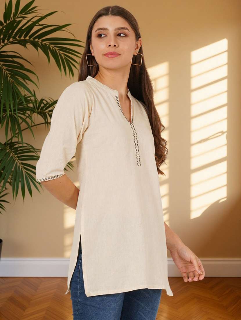 women solid with work three quarter sleeve straight kurti - 22182768 -  Standard Image - 2