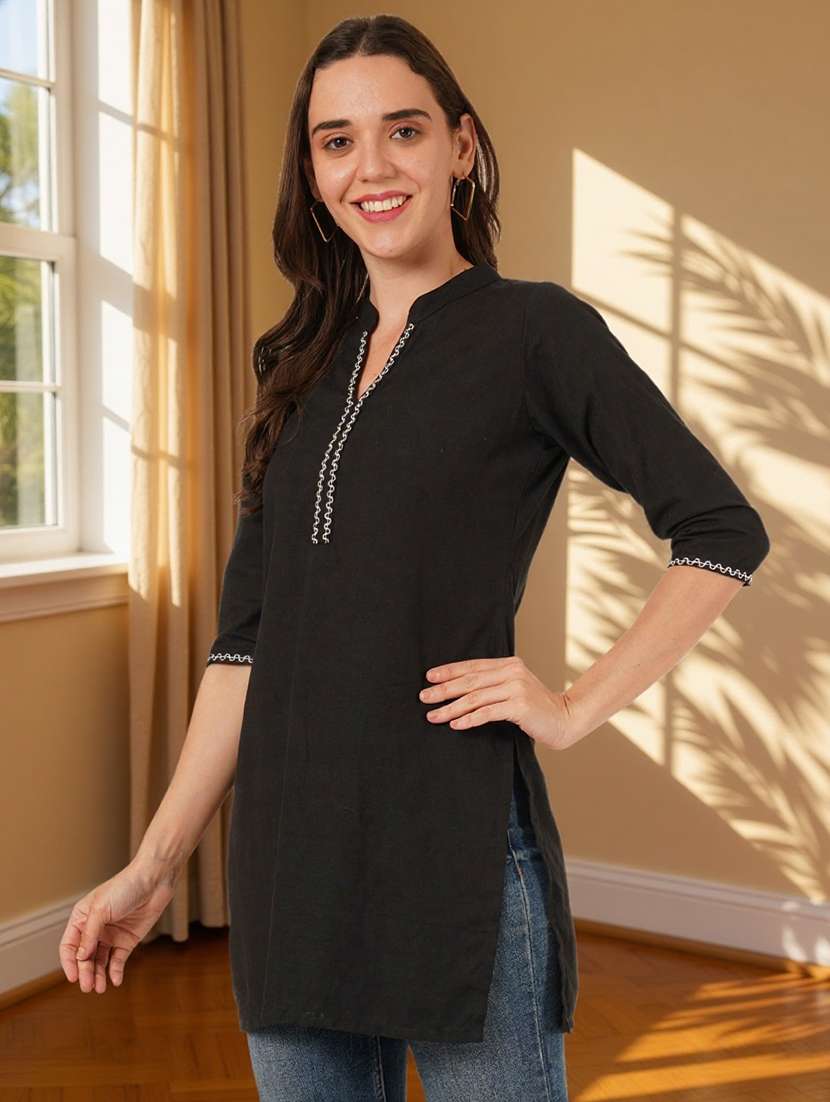 women solid three quarter sleeve straight kurti - 22182769 -  Standard Image - 2