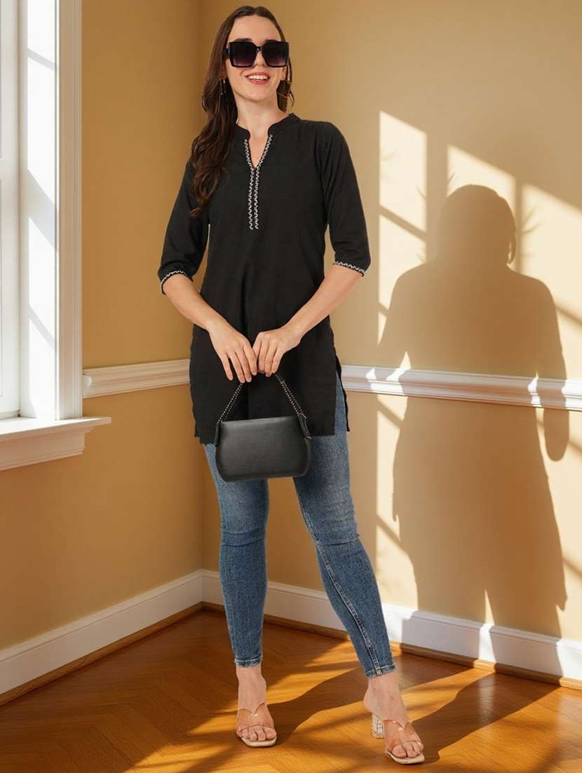 women solid three quarter sleeve straight kurti - 22182769 -  Standard Image - 7