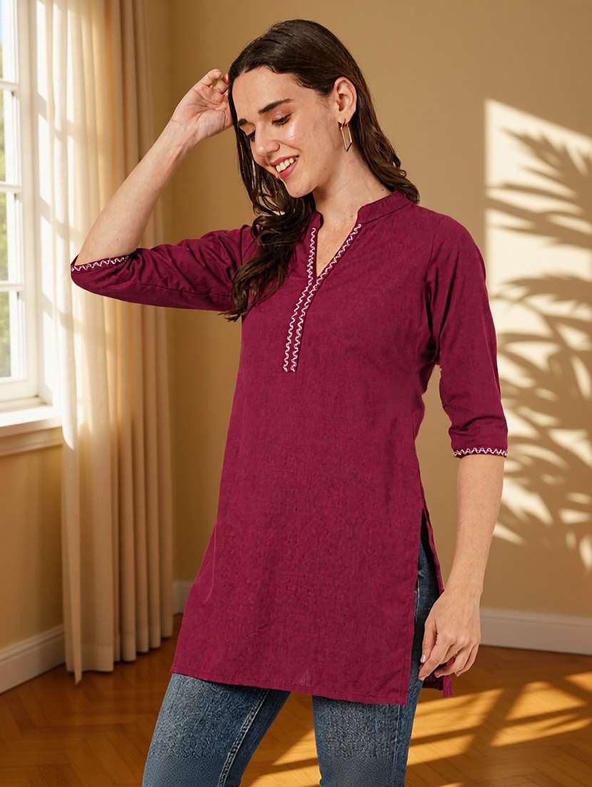 women solid three quarter sleeve straight kurti - 22182770 -  Standard Image - 2