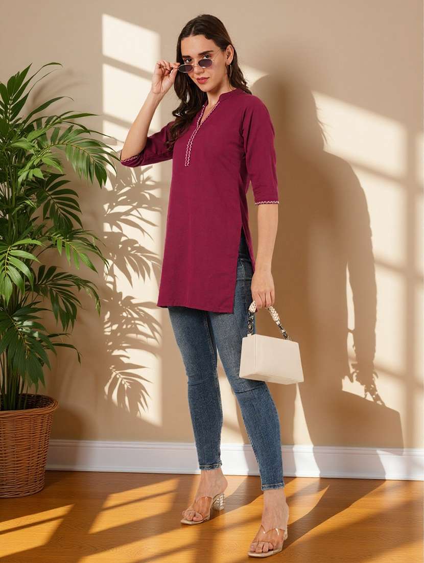 women solid three quarter sleeve straight kurti - 22182770 -  Standard Image - 7