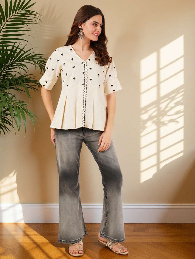 women solid with work puff sleeve a-line top - 22182775 -  Standard Image - 7