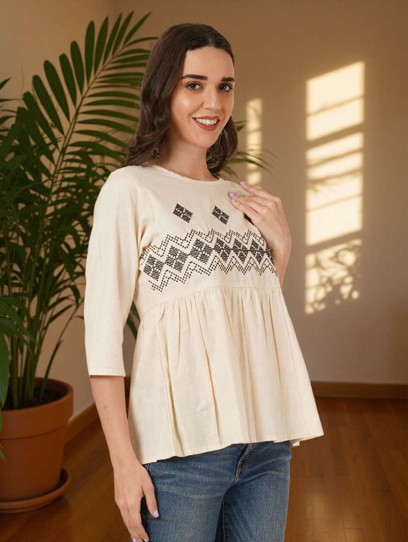 women solid with work three quarter sleeve flared ethnic top - 22182779 -  Standard Image - 2