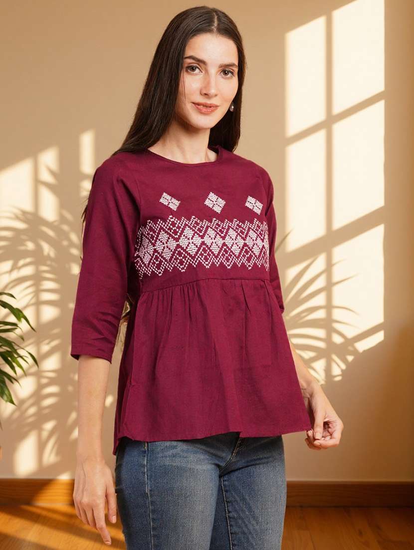 women solid with work three quarter sleeve flared ethnic top - 22182780 -  Standard Image - 2