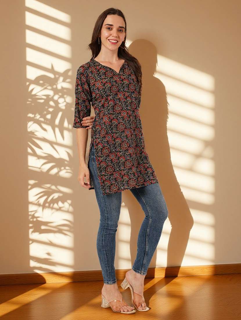 women floral printed three quarter sleeve straight kurti - 22182783 -  Standard Image - 7