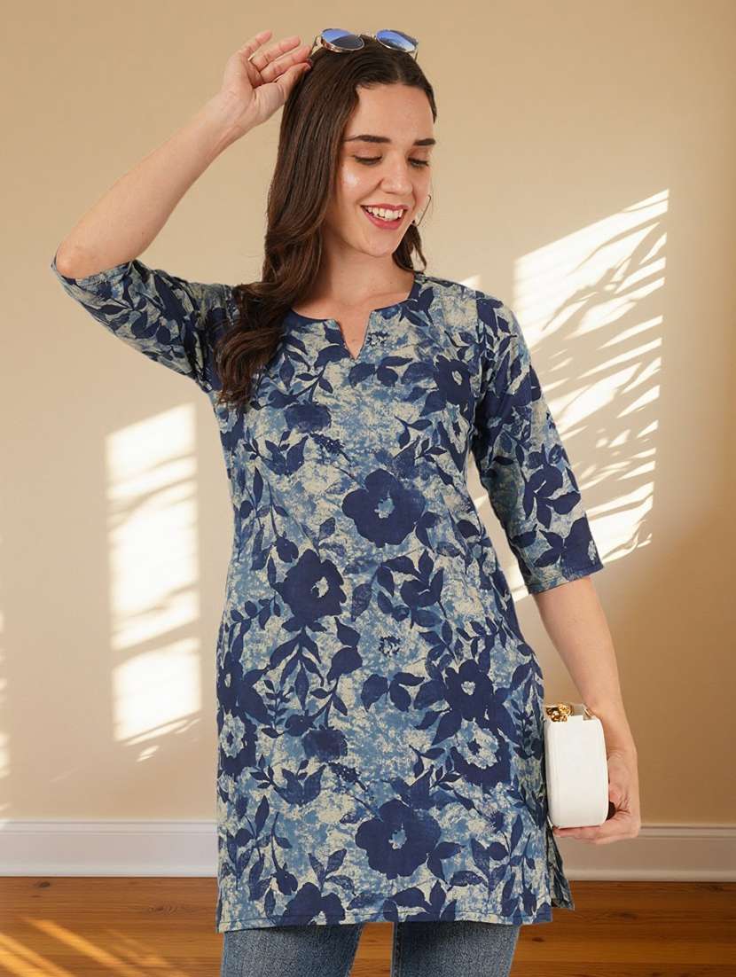women floral printed three quarter sleeve straight kurti - 22182784 -  Standard Image - 2