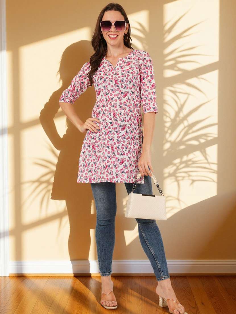 women floral printed three quarter sleeve straight kurti - 22182786 -  Standard Image - 7