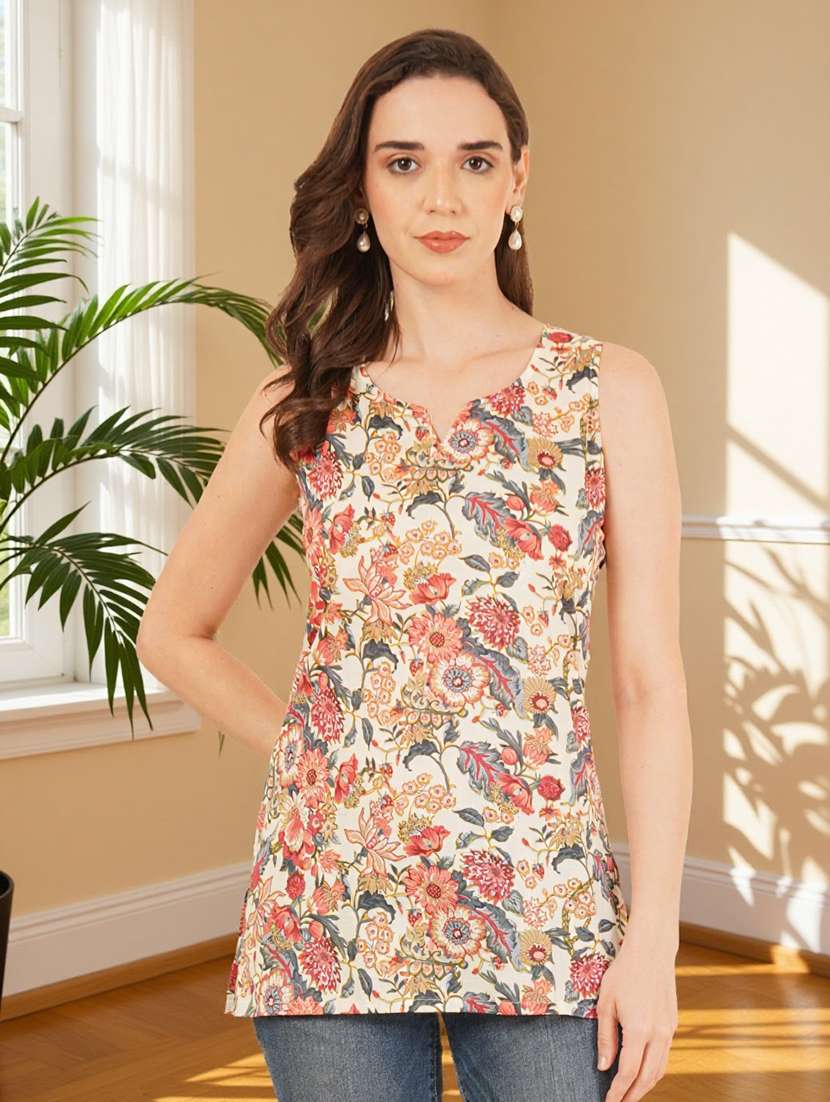 women floral printed sleeveless straight kurti