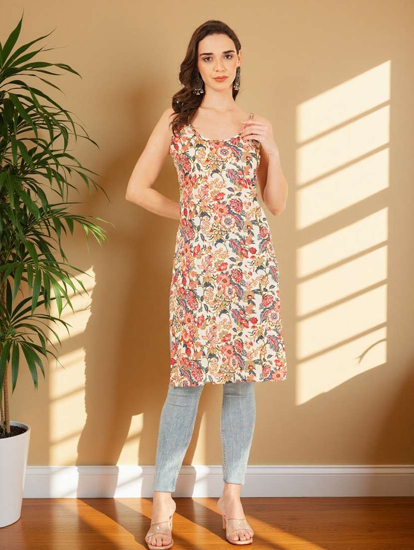 women floral printed shoulder strap straight kurta - 22182811 -  Standard Image - 7