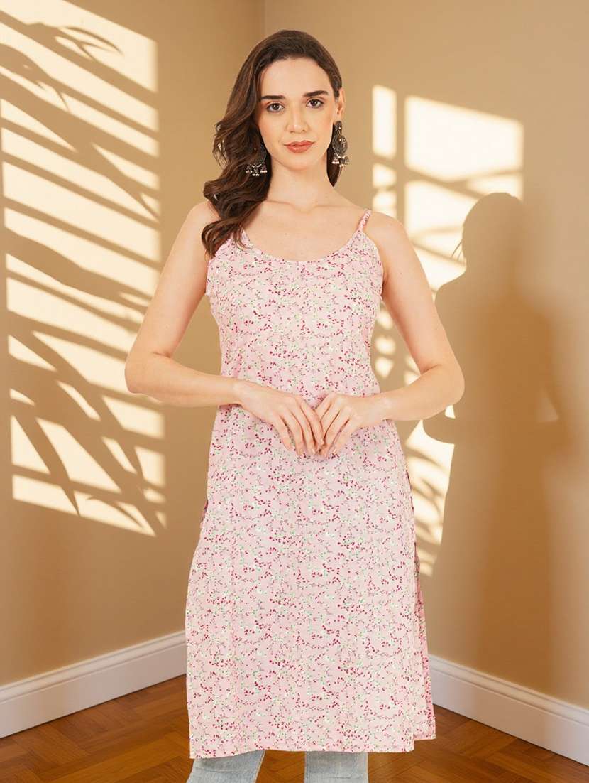 women printed shoulder strap straight kurta