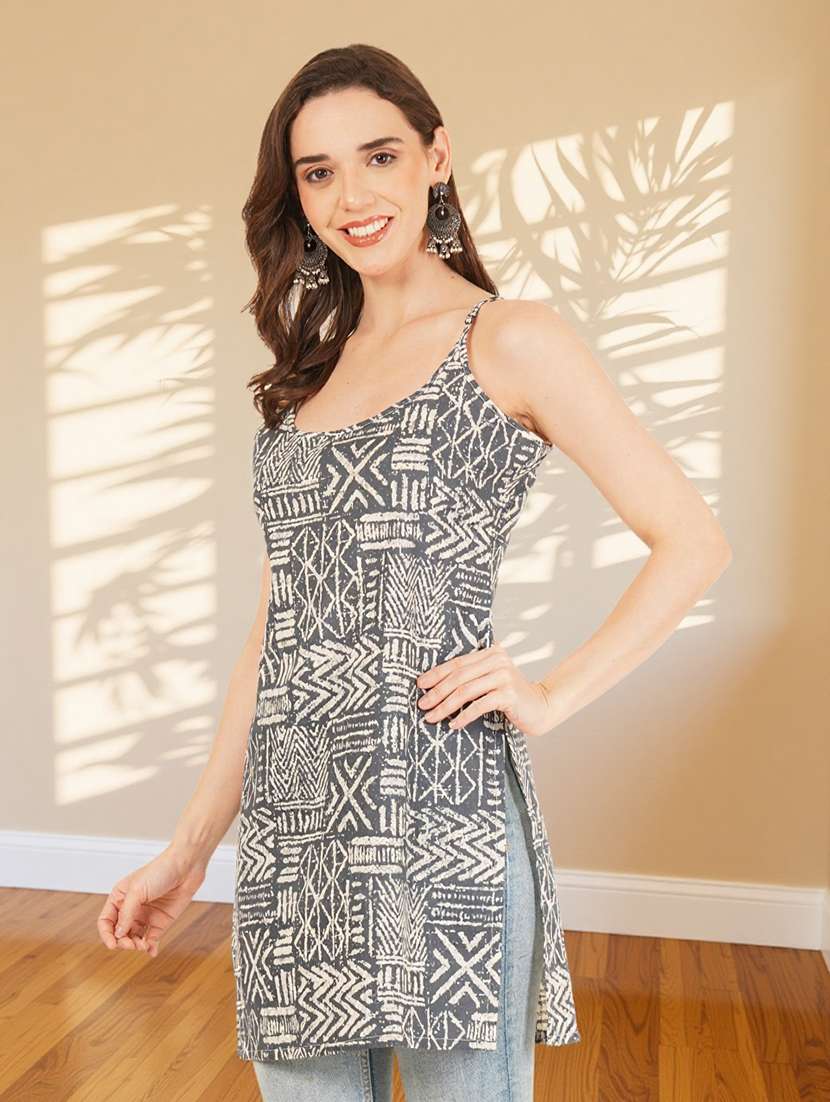 women printed shoulder strap straight kurti - 22182819 -  Standard Image - 2