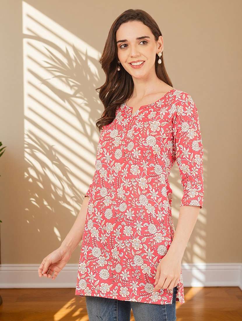 women floral printed three quarter sleeve straight kurti - 22182822 -  Standard Image - 2