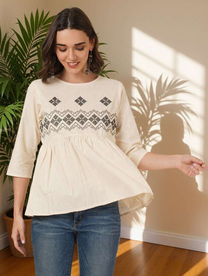 women embroidered three quarter sleeve flared top - 22182828 -  Standard Image - 2