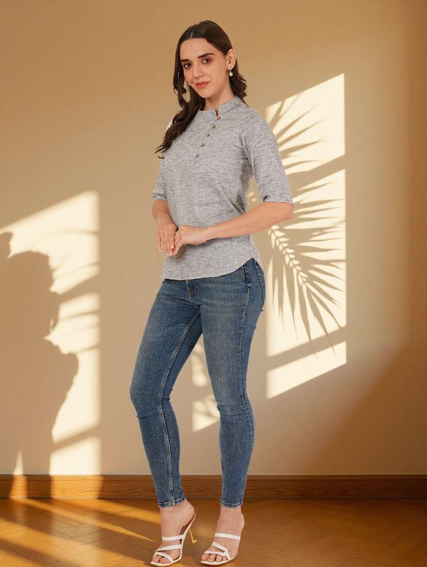 grey cotton women solid three quarter sleeve regular top top - 22182840 -  Standard Image - 2