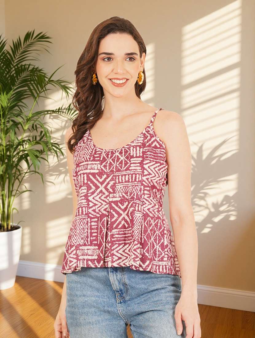 women printed shoulder strap peplum top - 22182845 -  Standard Image - 2