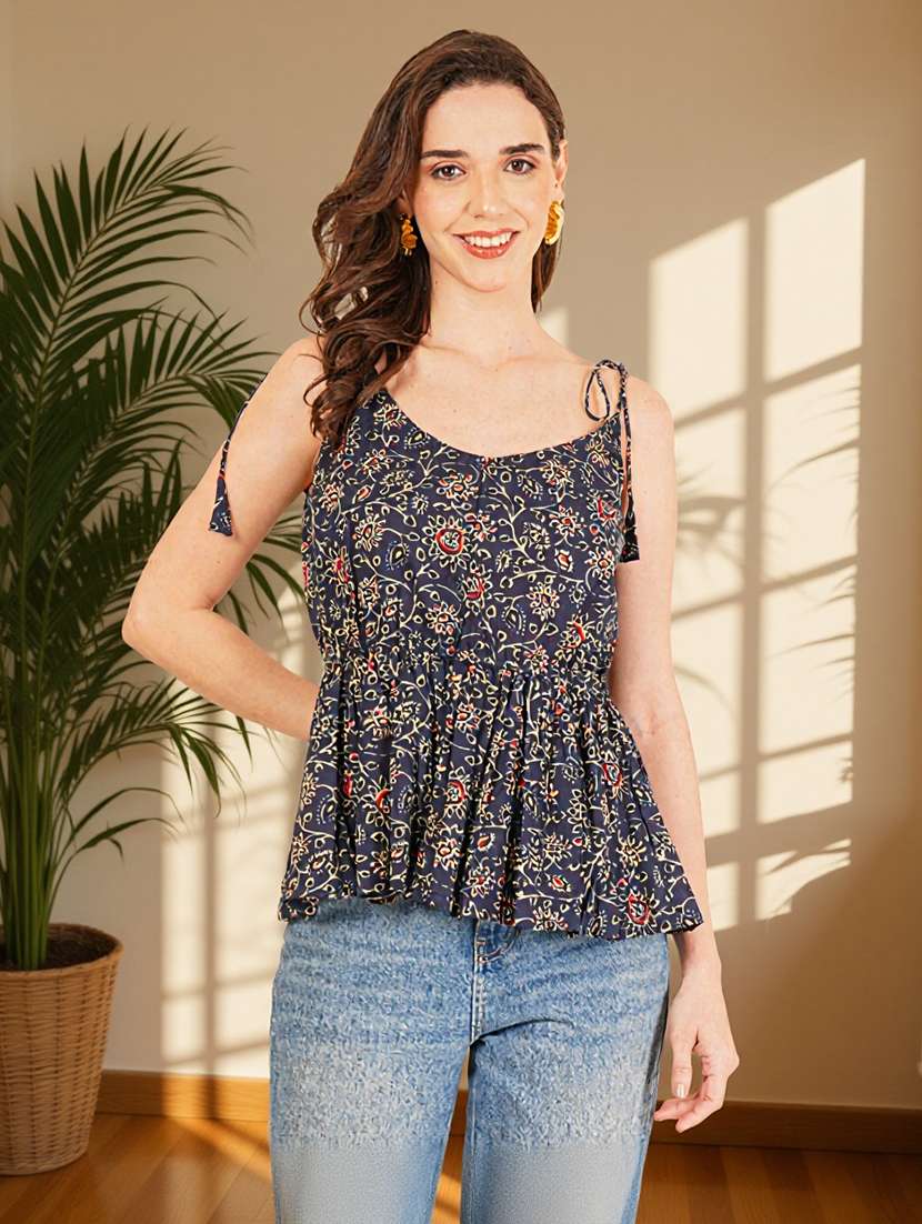 women printed shoulder strap peplum top - 22182846 -  Standard Image - 2