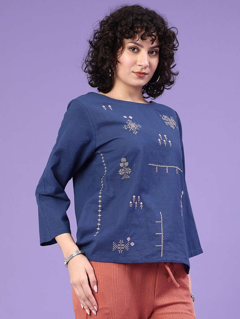 women solid with work boat neck ethnic top - 22183154 -  Standard Image - 2