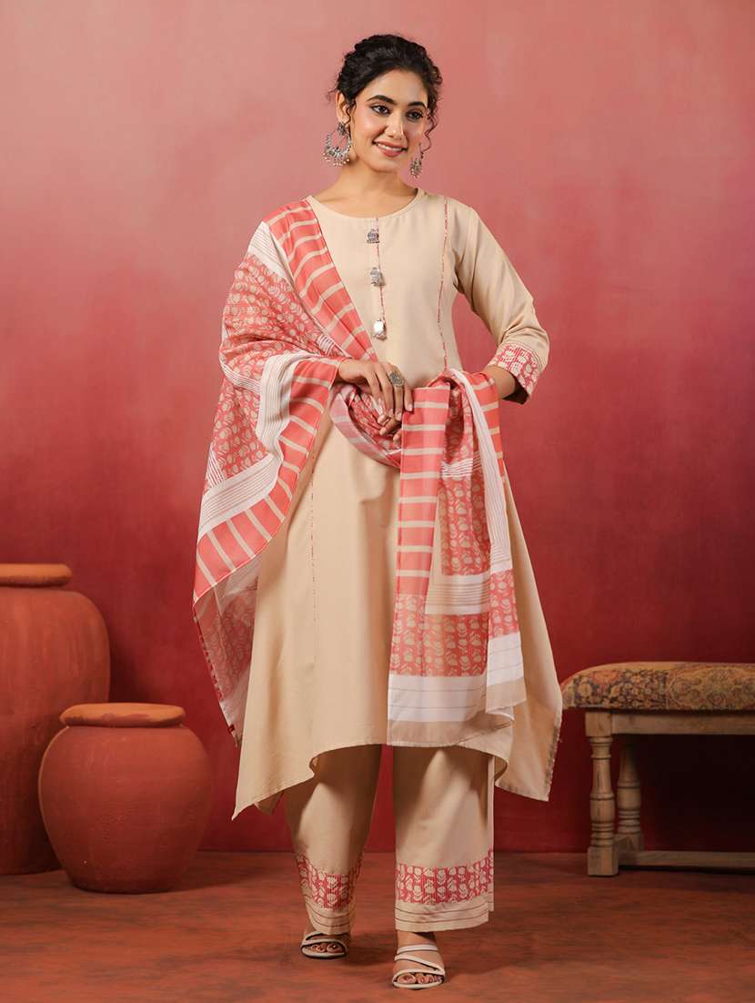 women solid three quarter sleeve kurta palazzo with dupatta set