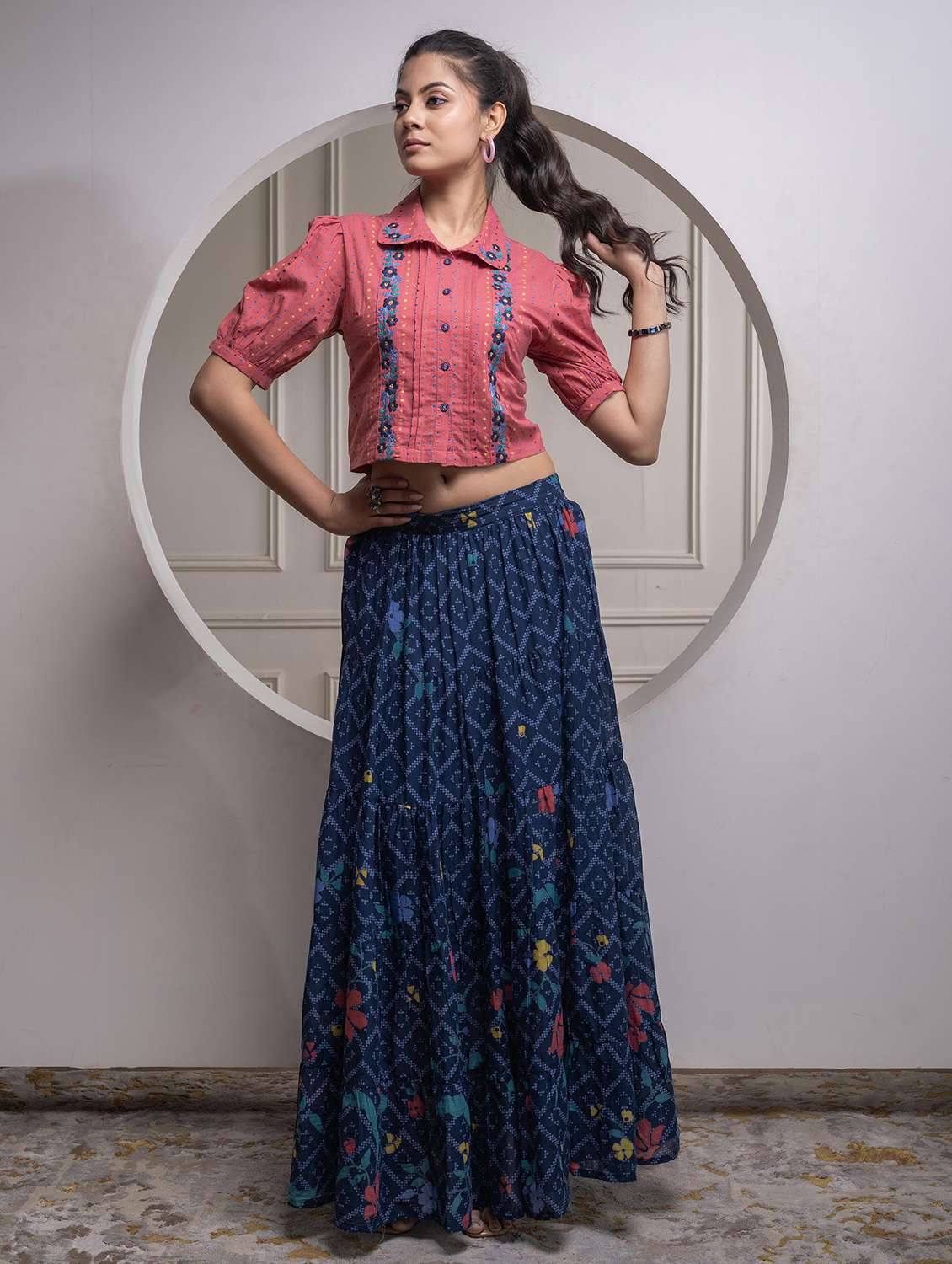 women printed puff sleeve skirt top set