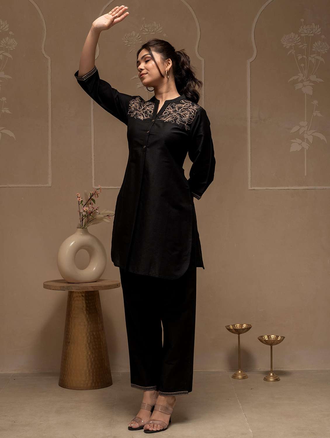 women solid with work three quarter sleeve kurta pant set - 22183376 -  Standard Image - 2