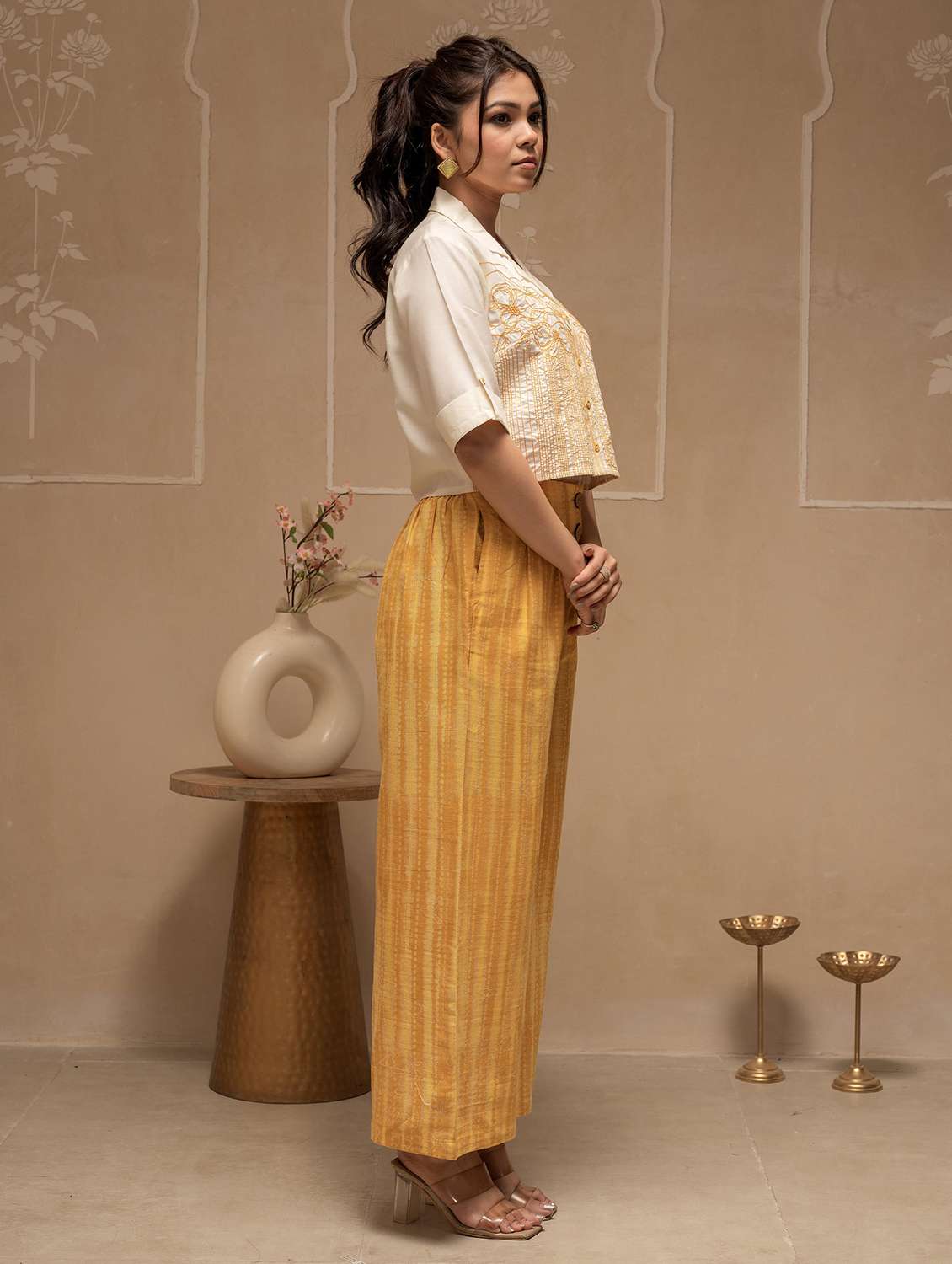 women solid with work roll up sleeve top pant set - 22183377 -  Standard Image - 2