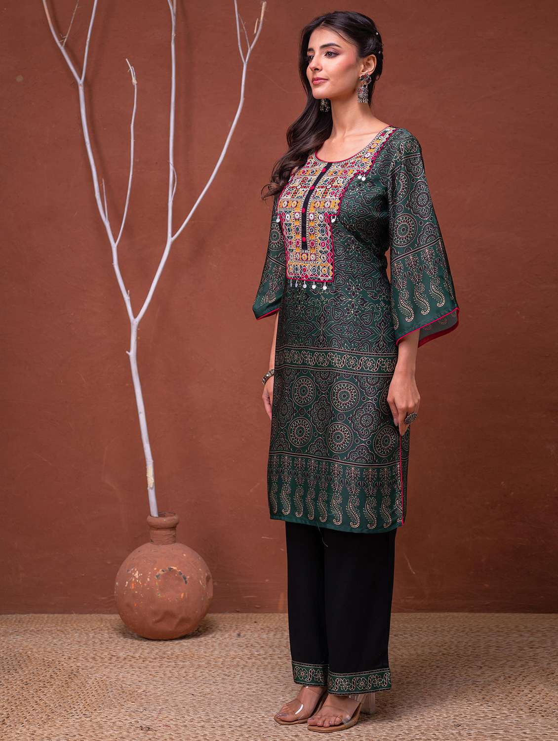 women printed three quarter sleeve kurta palazzo set - 22183381 -  Standard Image - 2