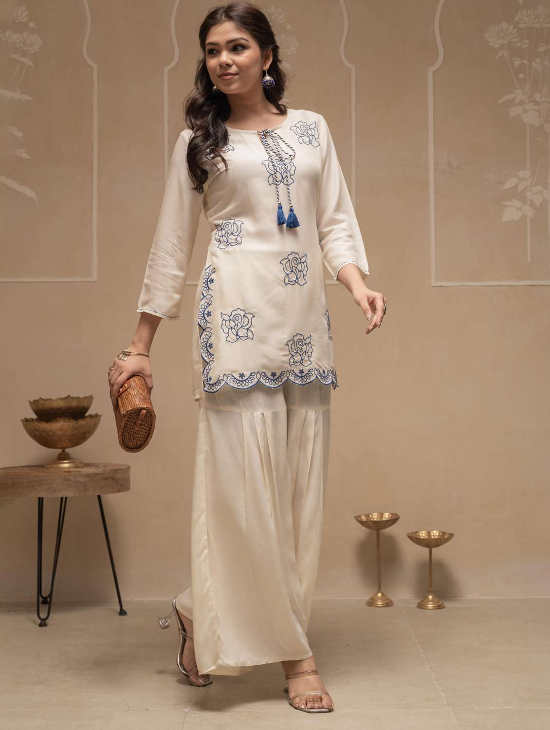 women solid with work three quarter sleeve kurta sharara set - 22183382 -  Standard Image - 2