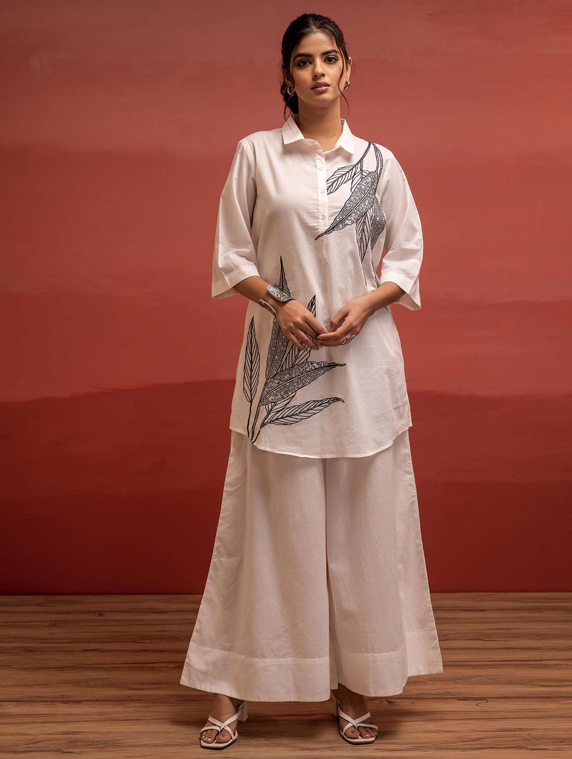 women solid with work three quarter sleeve relaxed fit ethnic co-ord set