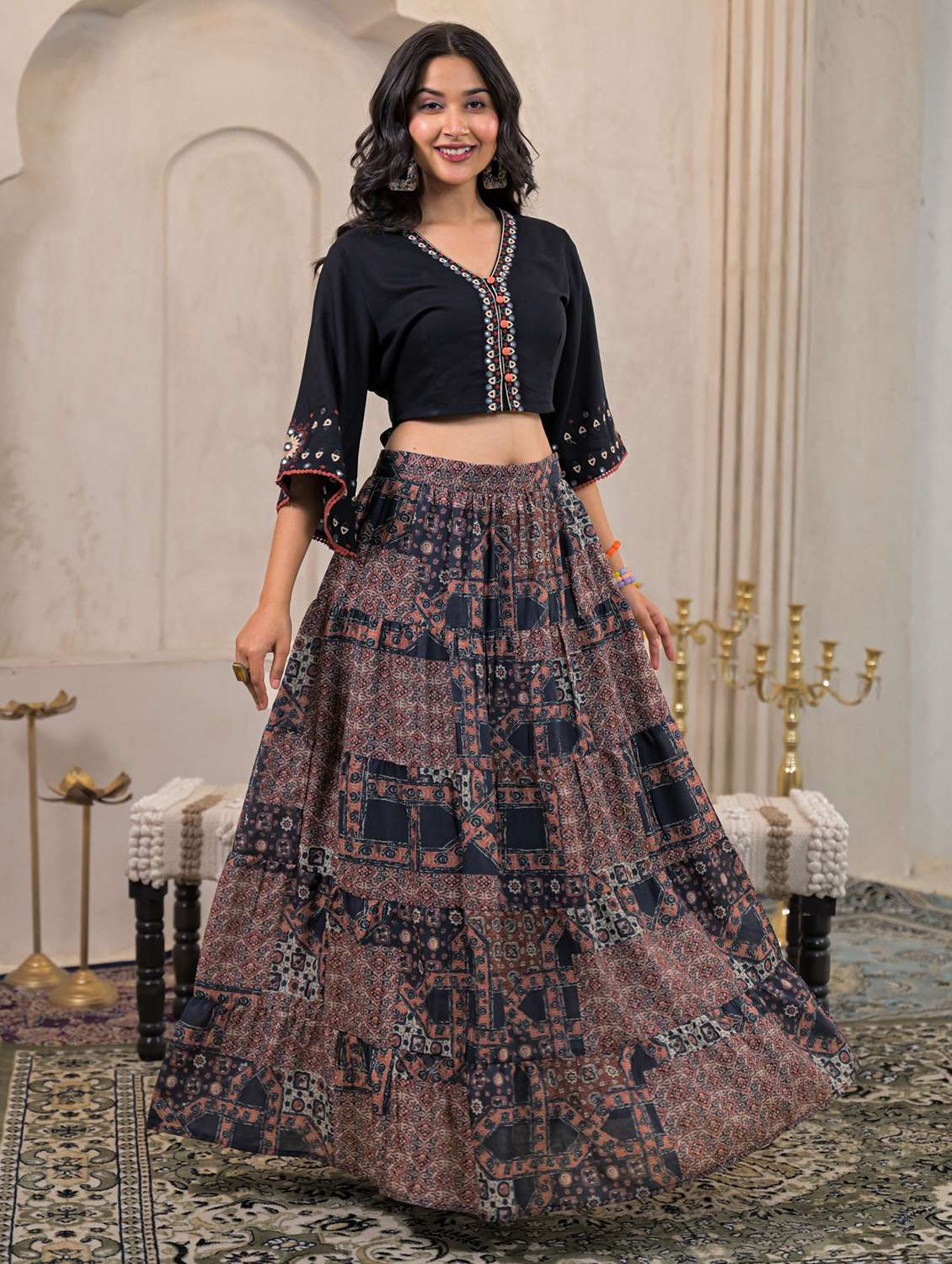 women printed three quarter sleeve skirt top set - 22183392 -  Standard Image - 2