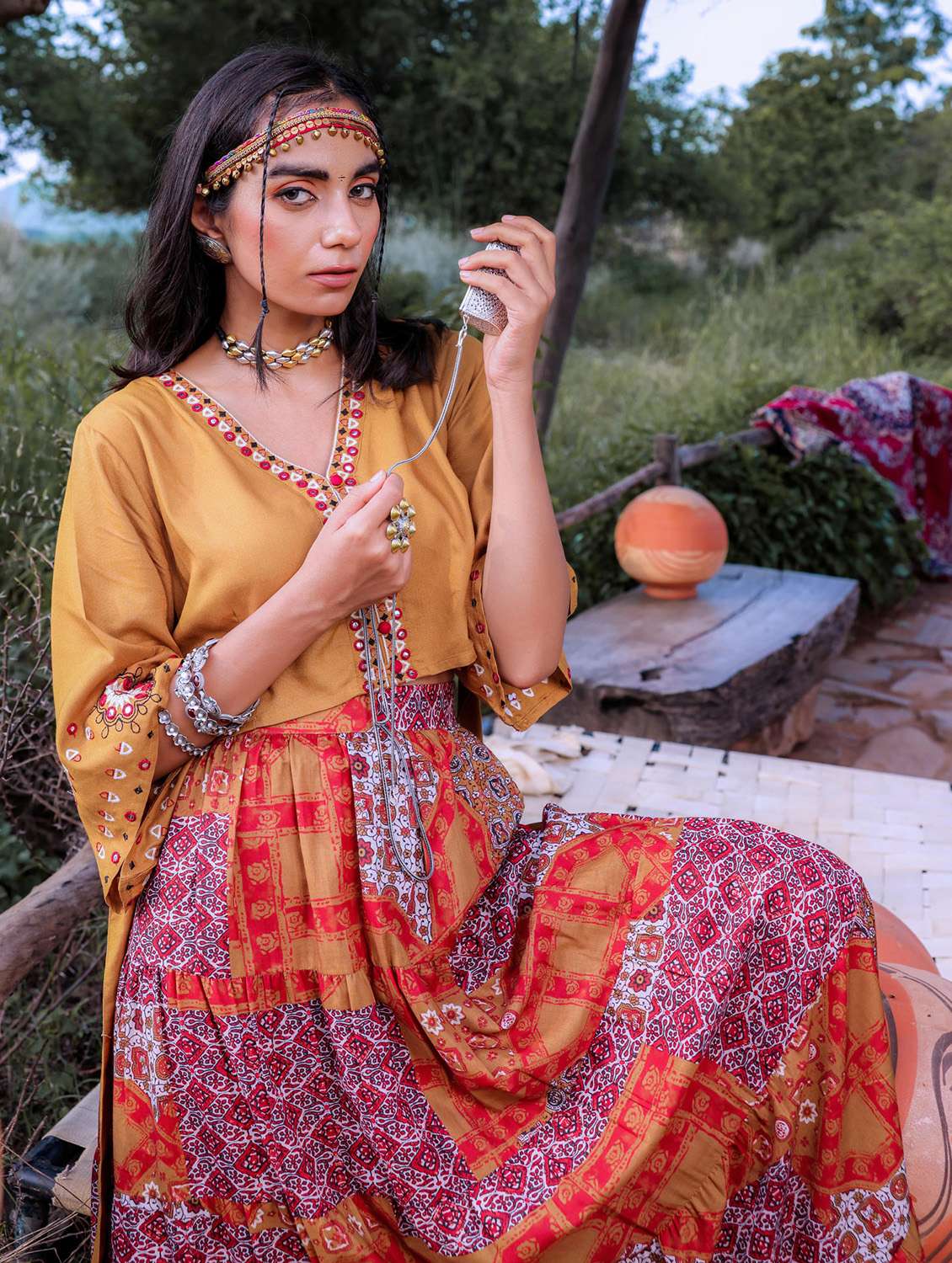 women printed three quarter sleeve skirt top set - 22183393 -  Standard Image - 2