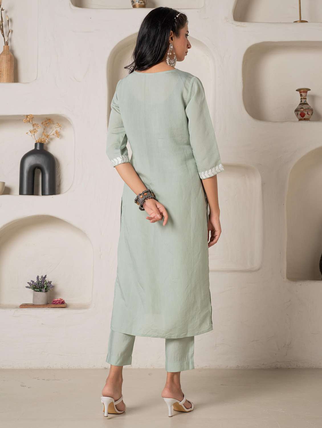women solid with work three quarter sleeve kurta pant set - 22183394 -  Standard Image - 2