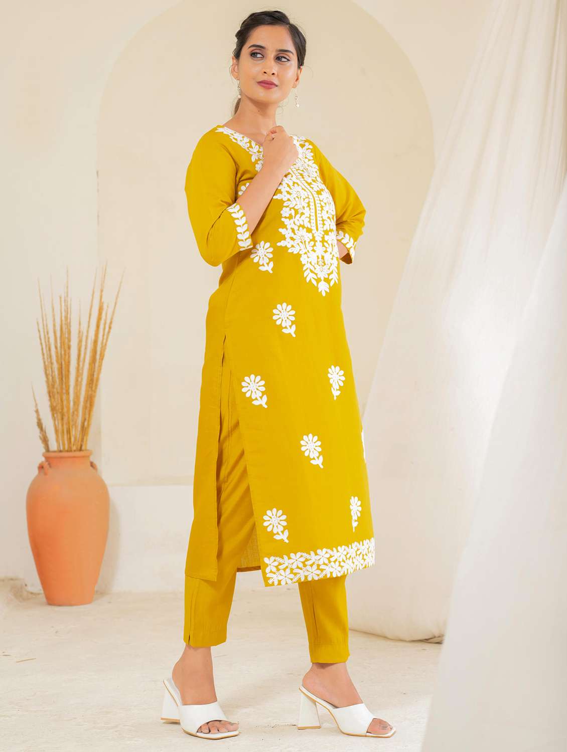 women solid with work three quarter sleeve kurta pant set - 22183395 -  Standard Image - 2