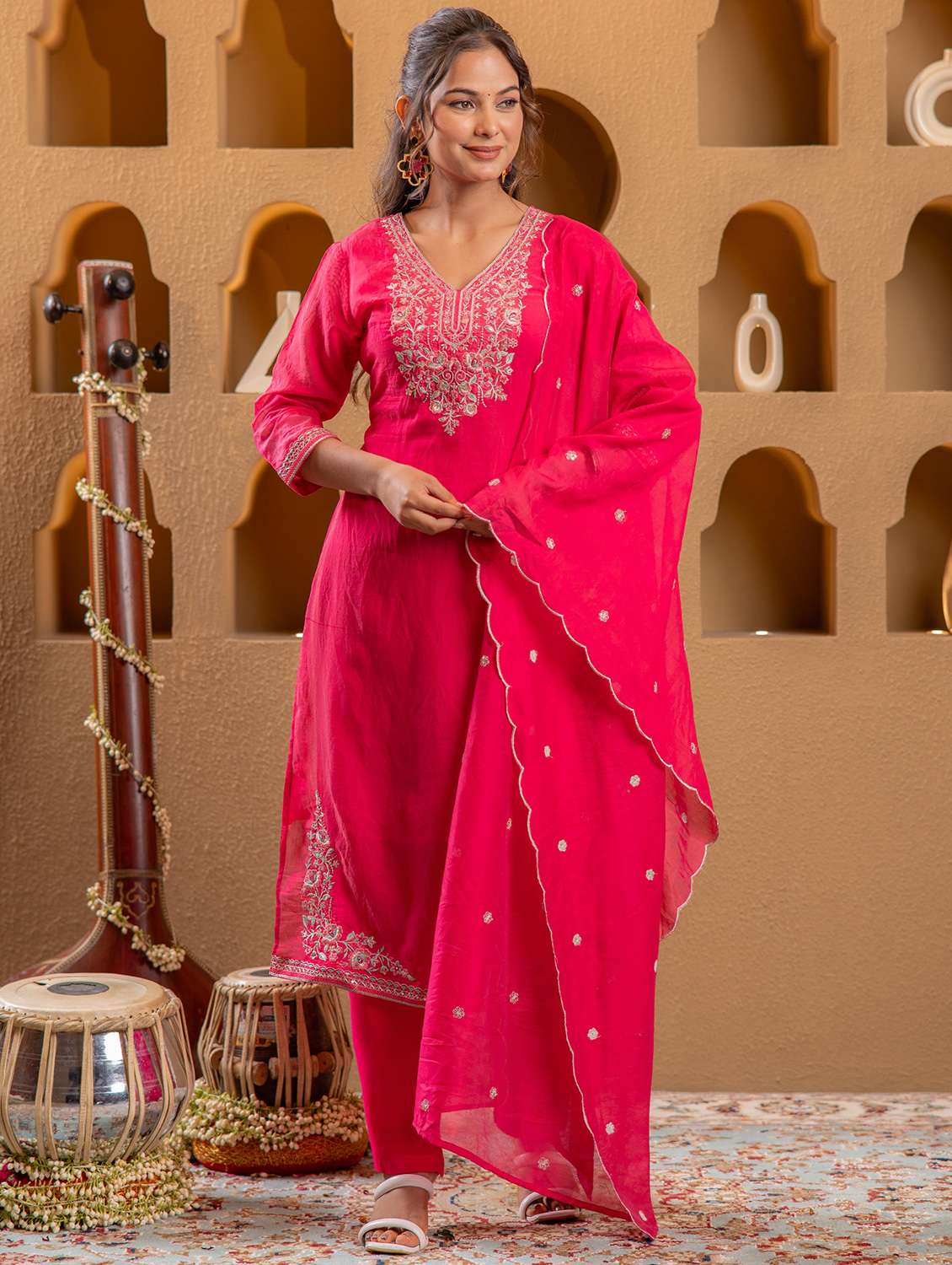 women solid with work three quarter sleeve kurta pant with dupatta set