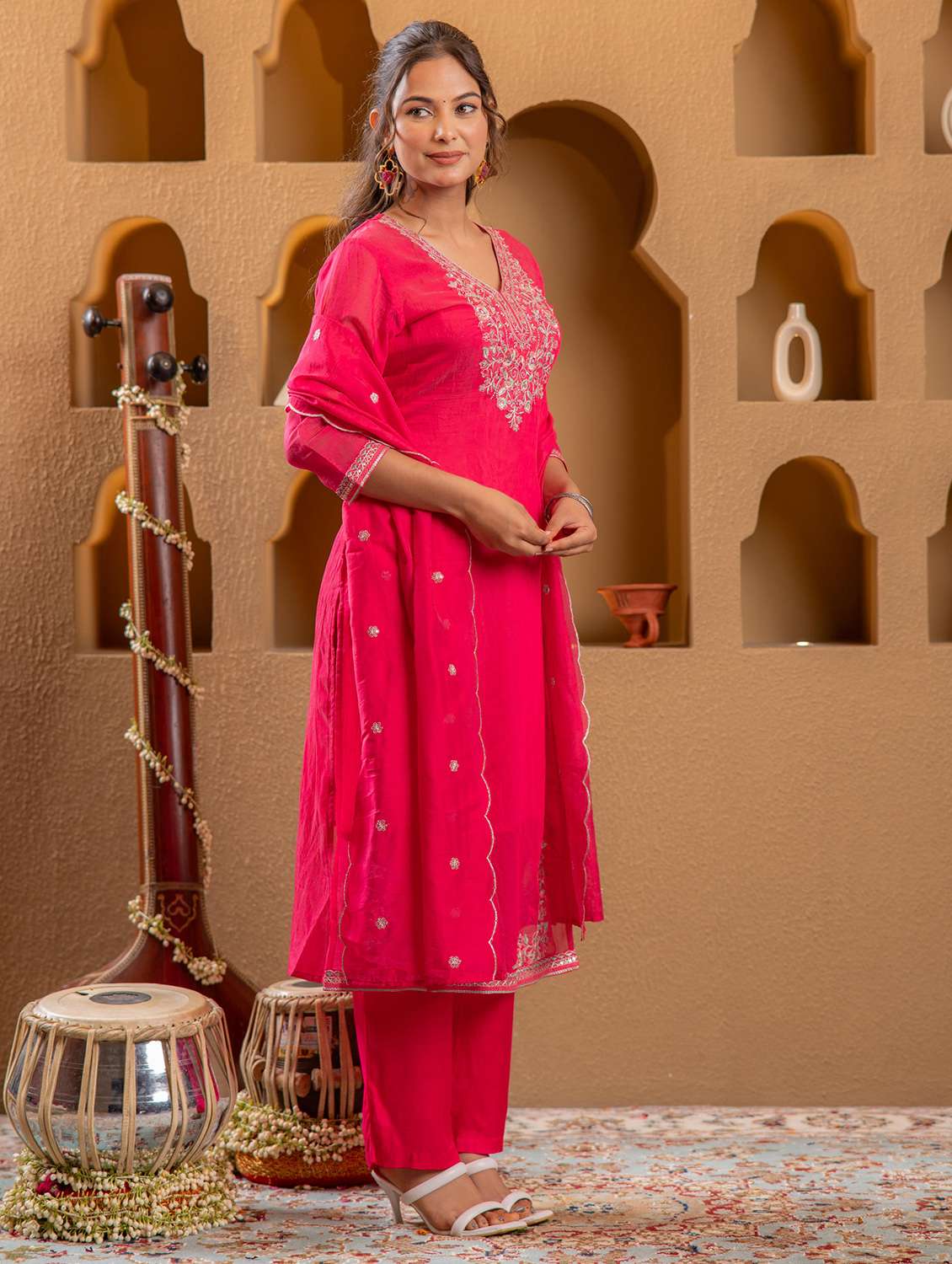 women solid with work three quarter sleeve kurta pant with dupatta set - 22183397 -  Standard Image - 2