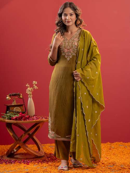 women solid with work three quarter sleeve kurta pant with dupatta set - 22183399 -  Standard Image - 0